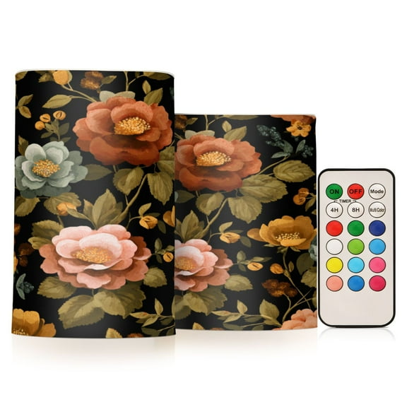 2 PCS Flameless Candles with Remote Timer LED Battery Operated Flickering Candle Light for Wedding Table Home Decoration Gifts Vintage-inspired Floral Pattern