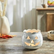VHC Brands Jack-O-Lantern Candle Holder Antique White , Fall and Halloween Kitchen Dining Table Candle Holder, Pumpkin Decor Antique White, 4.25x5.25