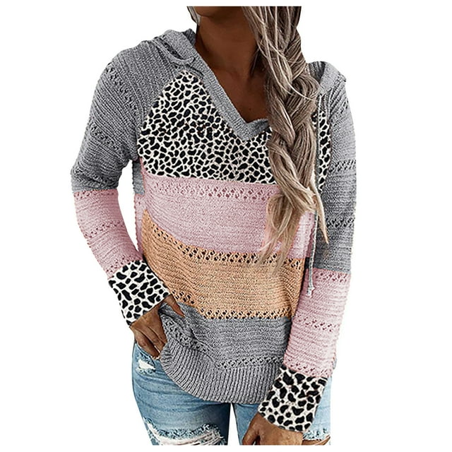 Fashion Women Leopard Patchwork V-Neck Long Sleeves Hooded Sweater Blouse Tops