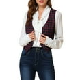 thumbnail image 5 of MODA NOVA Juniors  V Neck Cinched Waist Button Asymmetric Stretchy Plaid Sleeveless Jacket, 5 of 6