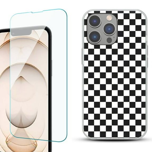 Slim-Fit Gel TPU Phone Case for iPhone 14 Pro, with Tempered Glass Screen Protector, by OneToughShield ® - Checker B/W