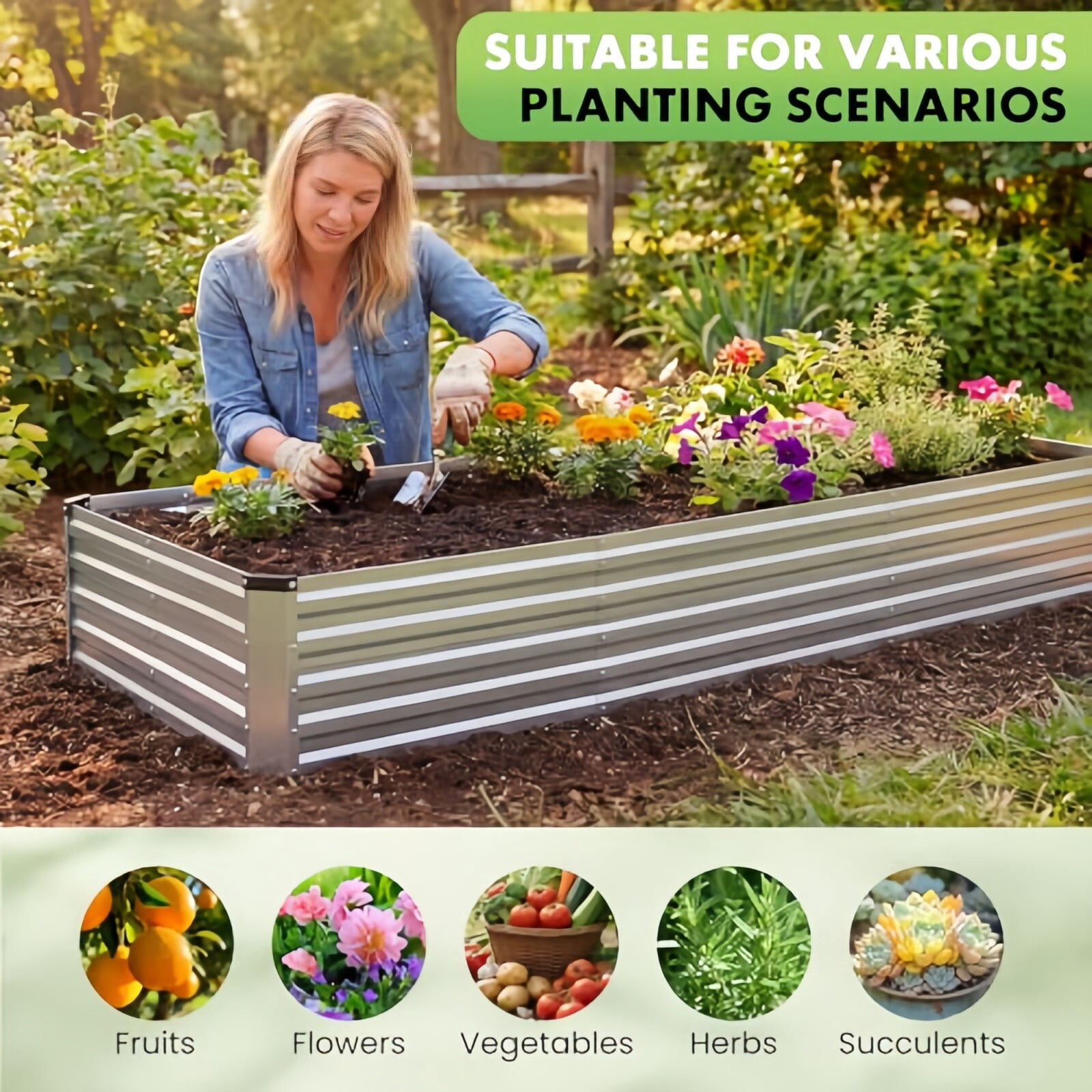 Kelno Galvanized Metal Raised Garden Bed 8x4x2ft Outdoor Planter Box for Vegetables Flowers Herbs Open Bottom Rectangular Raised Bed, Silver