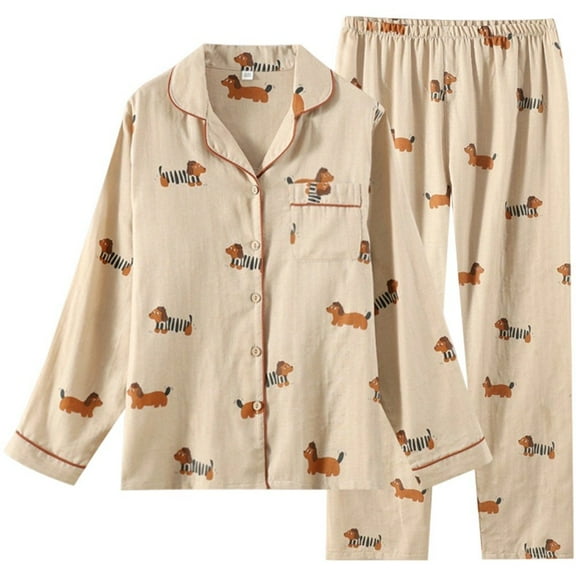 Cute Pajamas Set for Women Dachshund Print Long Sleeve Cotton Pajama Set 2 Piece Button Down Loungewear Sleepwear Nightwear