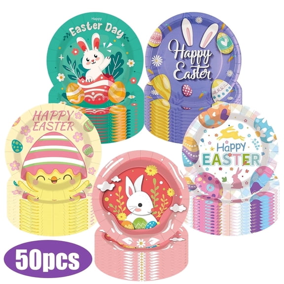 Kabuer Easter Paper Plates 9 Inch Disposable Plates for Easter Party Dinner Decoration 50 Pcs,5 Style