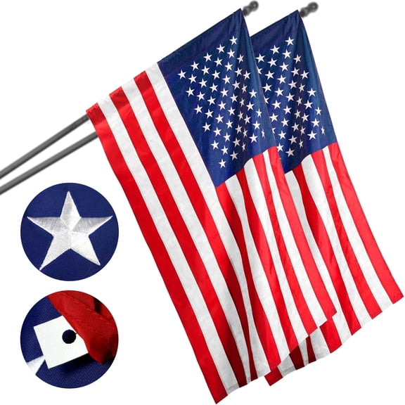 G128 Heavy Duty Sleeve Type, No Pole 2x3 ft, 2-Pack Embroidered American Flag 210D Polyester