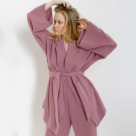 

QWZNDZGR Hiloc Cotton Sleepwear Women Pajama Robe Sets Flare Sleeve Nightgown Set Woman 2 Pieces Robes Woman Lace Up Casual Trouser Suits