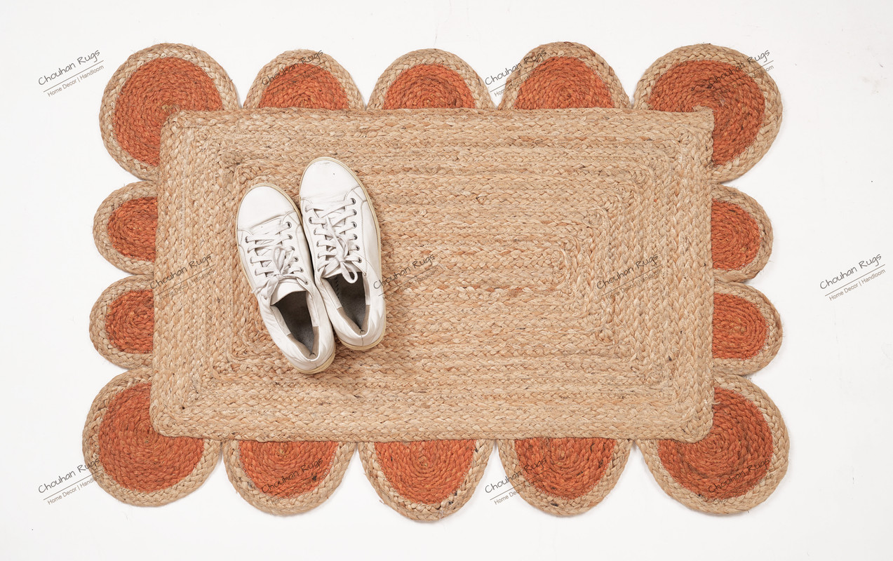 Area Rug Natural Fiber Jute Hand Braided Rug Orange Scalloped Pattern Rug