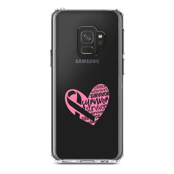 DistinctInk Clear Shockproof Hybrid Case for Samsung Galaxy S9 (5.8" Screen) - TPU Bumper Acrylic Back Tempered Glass Screen Protector - Pink Ribbon Cancer - Survivor Heart