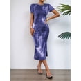 thumbnail image 5 of Women'S Tie Dye Crew Neck Hem Bodycon Short Sleves Dress Long Dresses Blue S, 5 of 7