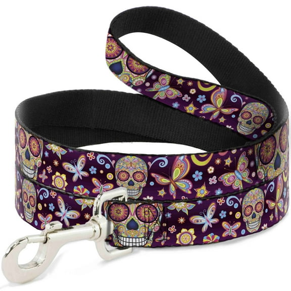 Thaneeya McArdle Pet Leash, Dog Leash, Mariposa Calaveras Butterflies Flowers Burgundy Multi Color, 4 Feet Long 0.5 Inch Wide