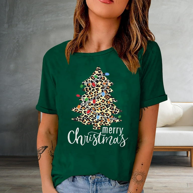 XFLWAM Merry Christmas Shirts for Women Xmas Leopard Buffalo Plaid Tree  Shirt Top Short Sleeve Casual Graphic Print T Shirt Green S
