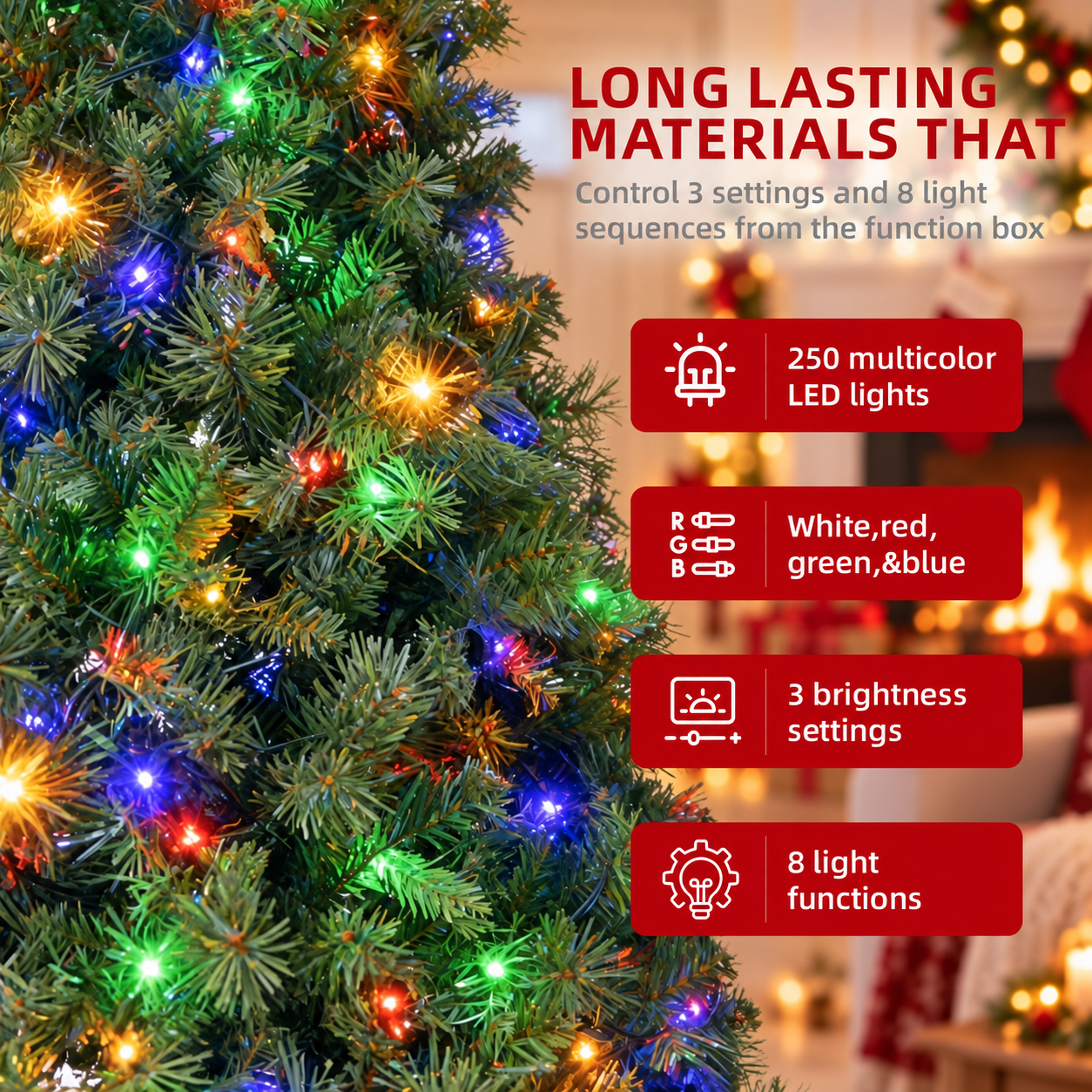 Fenbeli 6ft Pre-Lit Artificial Christmas Tree with 250 Multicolor LED Lights, 8 Lighting Modes, 1000 PVC Branch Tips and Metal Stand, Green