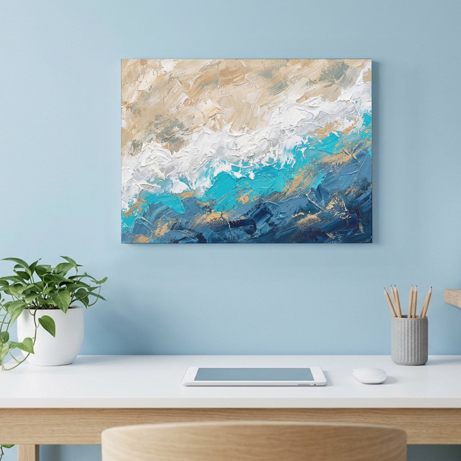 Abstract Oil Painting Canvas Wall Art Retro Beige Blue Ombre Mottled Texture Wall Art Prints Artwork Framed Canvas Ready to Hang Art Pictures for Kitchen Living Room Bedroom Hallway 28 x 22