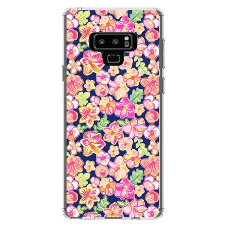 DistinctInk Clear Shockproof Hybrid Case for Samsung Galaxy Note 9 - TPU Bumper Acrylic Back Tempered Glass Screen Protector - Preppy Pattern - Pink Green Navy Flowers Floral