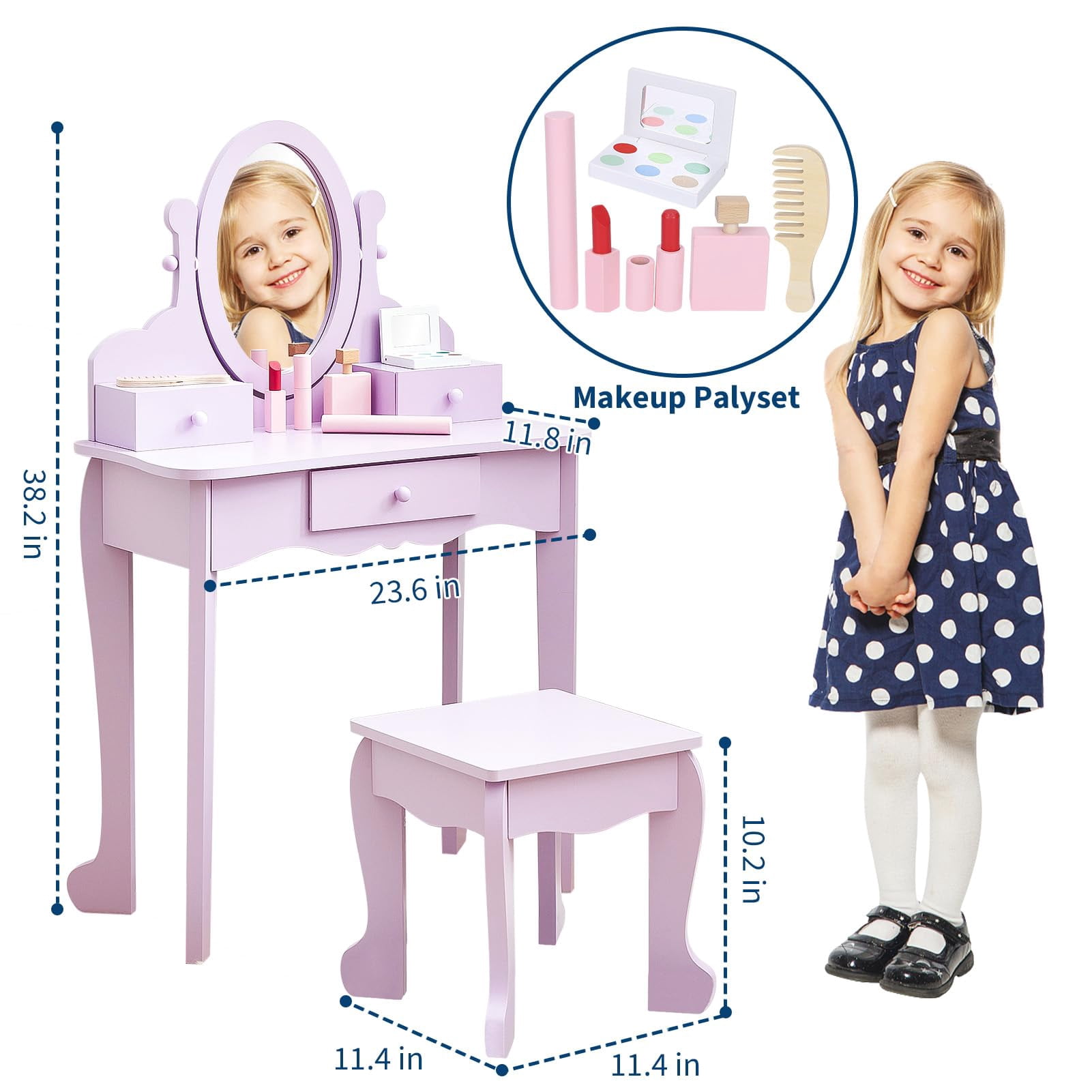 Princess Vanity Set for Little Girls – Complete Makeup Dressing Table & Stool Playset Perfect Pretend Play Station for Ages 3-9