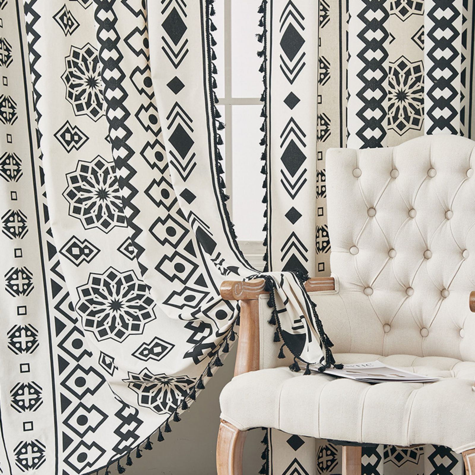 Black White Boho Farmhouse Curtains for Living Room 2 Panels, Linen Light Filtering Vintage Curtains Farmhouse Western Aztec Printed Rustic Rod Pocket Curtain Drapes with Tassels