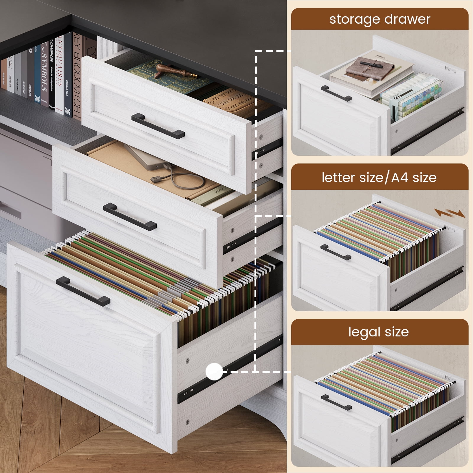 SEDETA Farmhouse L Shaped Desk with Storage, Home Office Desk with Power Outlets, Drawer, File Drawer & 2-Tier Open Shelves, Elegant Corner Computer Desk, PC Large Wood Workstation, White & Black Top
