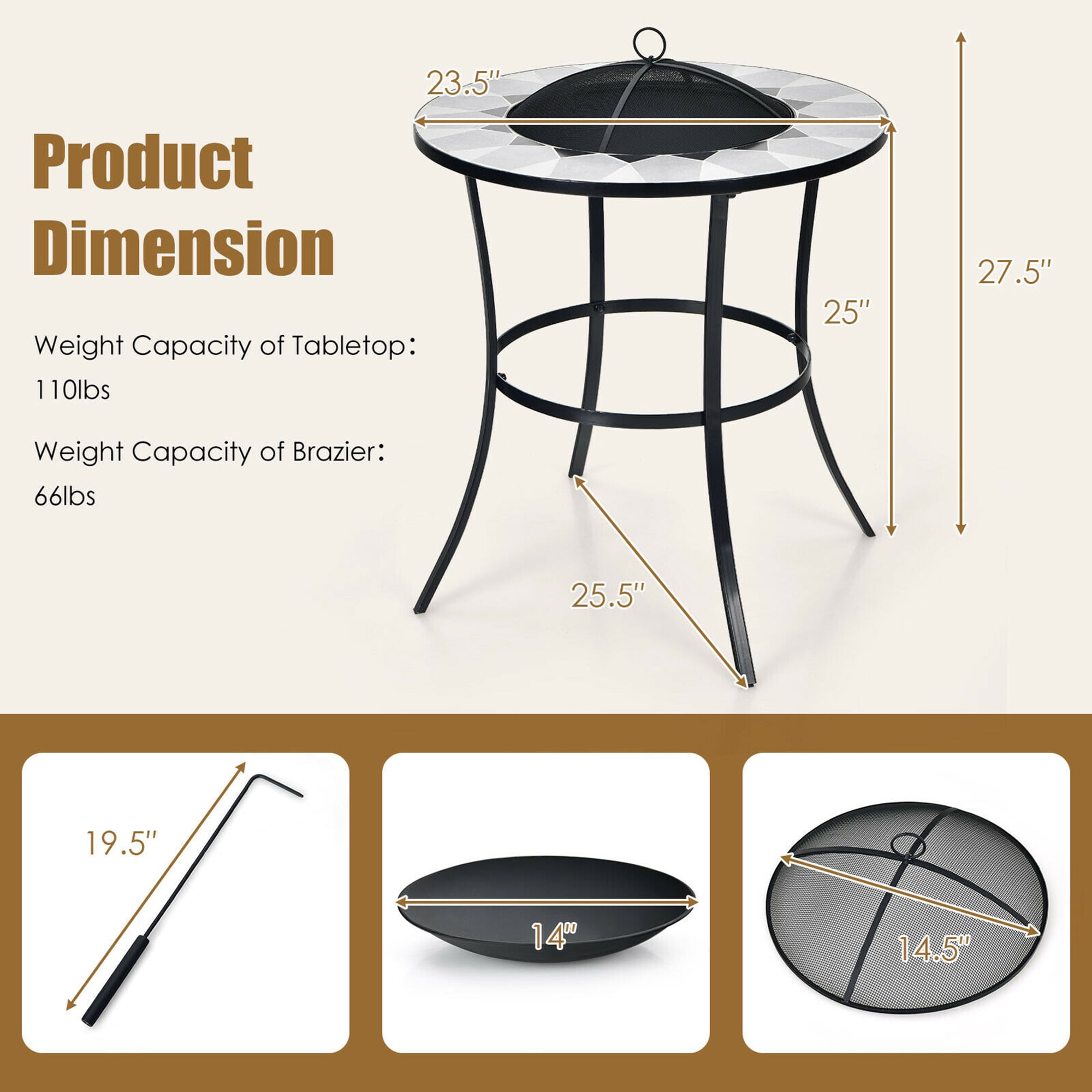 Gymax 23.5'' Round Fire Pit Table Wood Burning Heater W/ Mesh Cover & Fire Poker