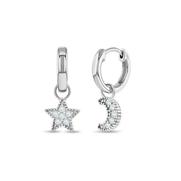 Star & Moon Dangle 9mm Kids / Children's / Girls Earrings Hoop - Sterling Silver