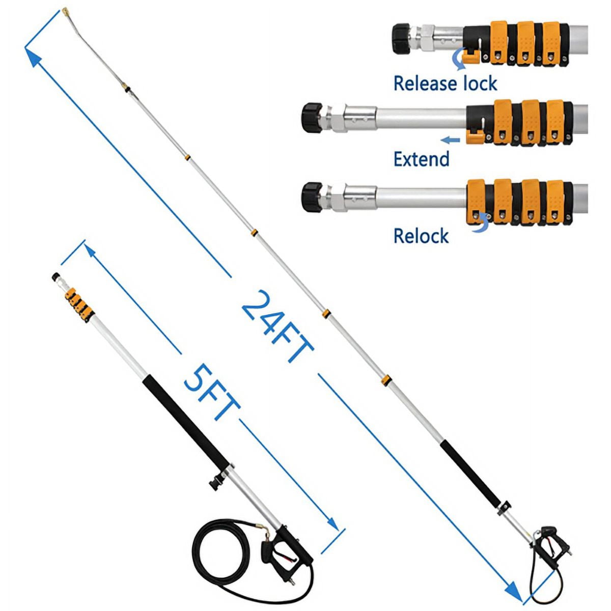 imerelez 24FT High Pressure Washer Telescopic Gun, Aluminum Extension Wand with Supportive Strap, 4000 PSI Max, 3/8" Quick Connect, for Driveway Roof Cleaning