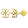 thumbnail image 1 of 14k Yellow Gold Clear Cubic Zirconia Screw Backs - Open Flower Studs for Girls, 1 of 6