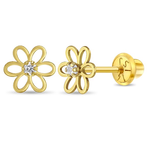 14k Yellow Gold Clear Cubic Zirconia Screw Backs - Open Flower Studs for Girls