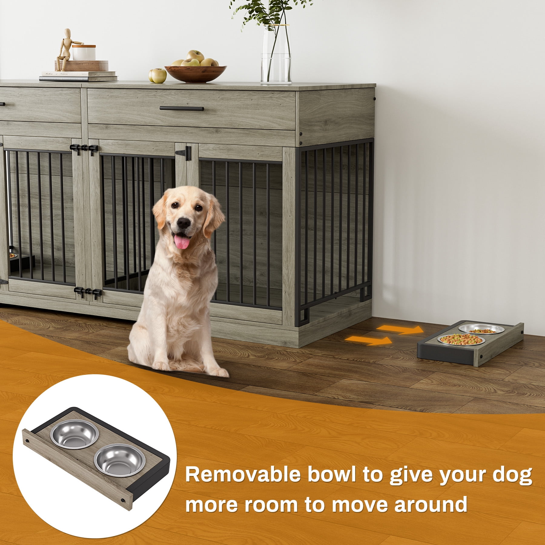 WIILAYOK 72.05" Dog Crate Furniture, Wooden Dog Kennel with 2 Drawers and 4 Dog Bowls, Heavy Duty Indoor Furniture Style Dog Cage House(Grey)