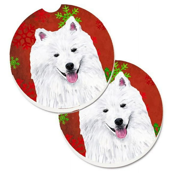 American Eskimo Red & Green Snowflakes Holiday Christmas Set of 2 Cup Holder Car Coaster