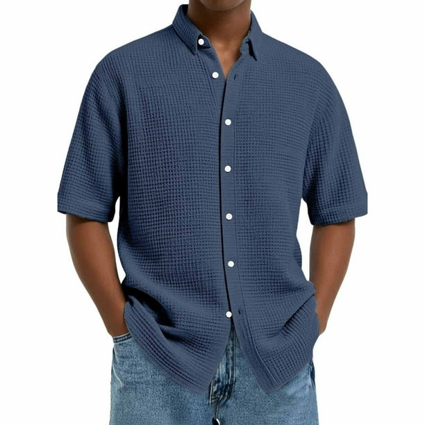 Blusa y camisa de manga corta con cuello vuelto para hombre, color liso, informal, a la moda, de manga corta, con cuello vuelto y botones, blusa de poliéster para hombre.