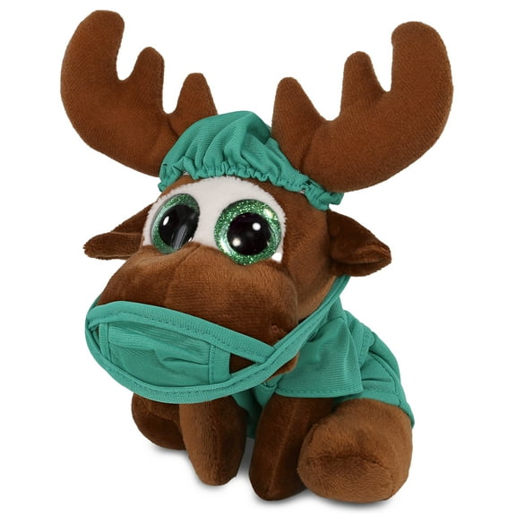 DolliBu Small Moose – Sparkle Eyes Plush Toy - Super Soft Moose Doctor Stuffed Animal Dress Up with Cute Scrub Uniform and Cap Outfit - Fluffy Doctor Toy Plush Gift - 6 Inches