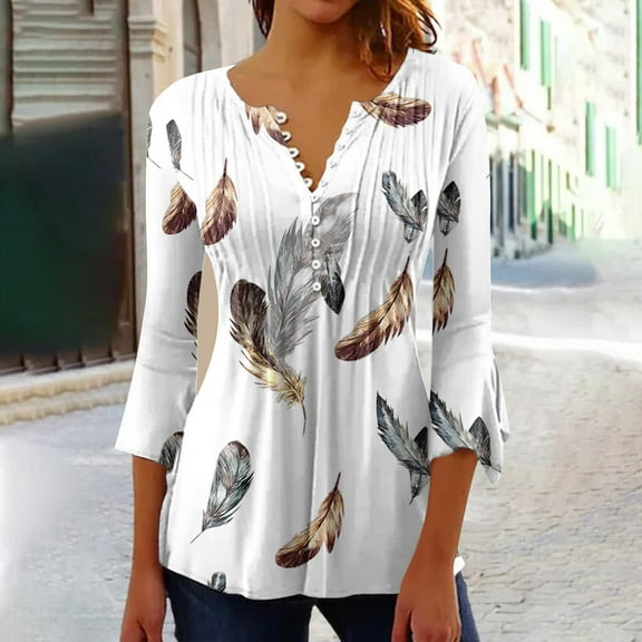 GERsome Women's Floral Print V Neck 3/4 Sleeve Summer Shirts Tops Casual Loose Blouses