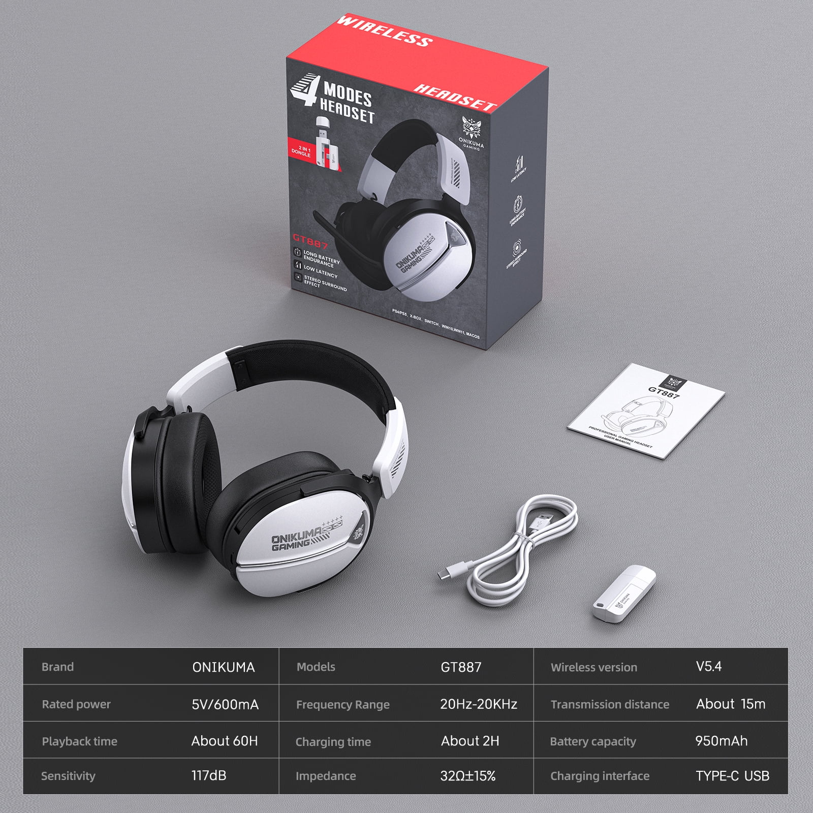 Siivton Wireless Gaming Headset with 60H Playtime, Bluetooth 5.4 & 2.4G Dual Mode, 950mAh Battery, Noise-Canceling Mic for PC,PS4,PS5,Switch,Mobile