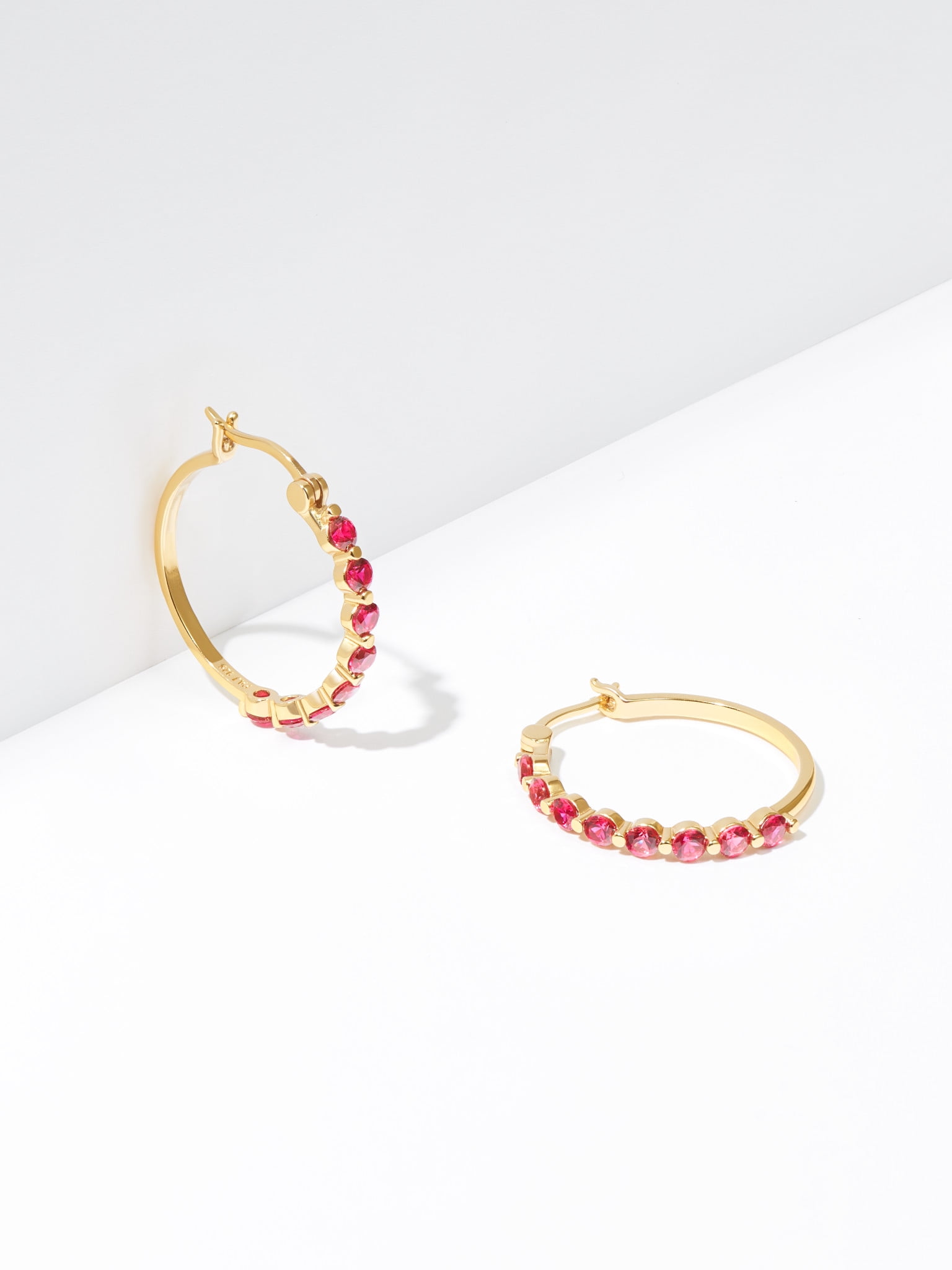 18K Yellow Gold over Sterling Silver Synthetic Red Ruby Hoop Earrings
