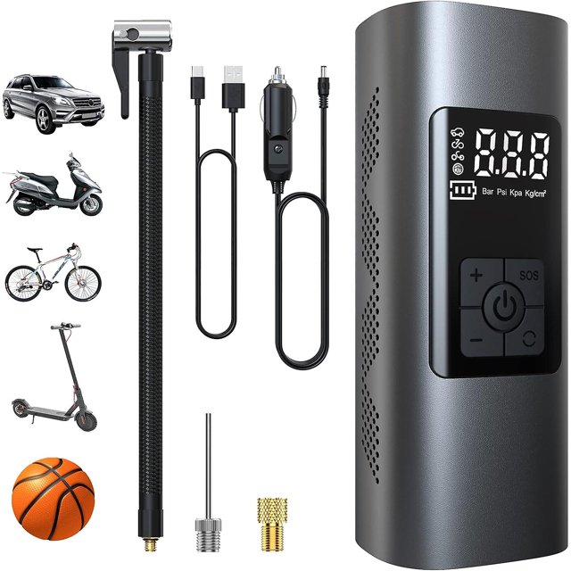 6000mAh Mini Electric Air Pump, Portable Air Compressor Cordless Tire Inflator 150PSI with Digital LCD Display, Electric Bike Pump with LED Lamp for M