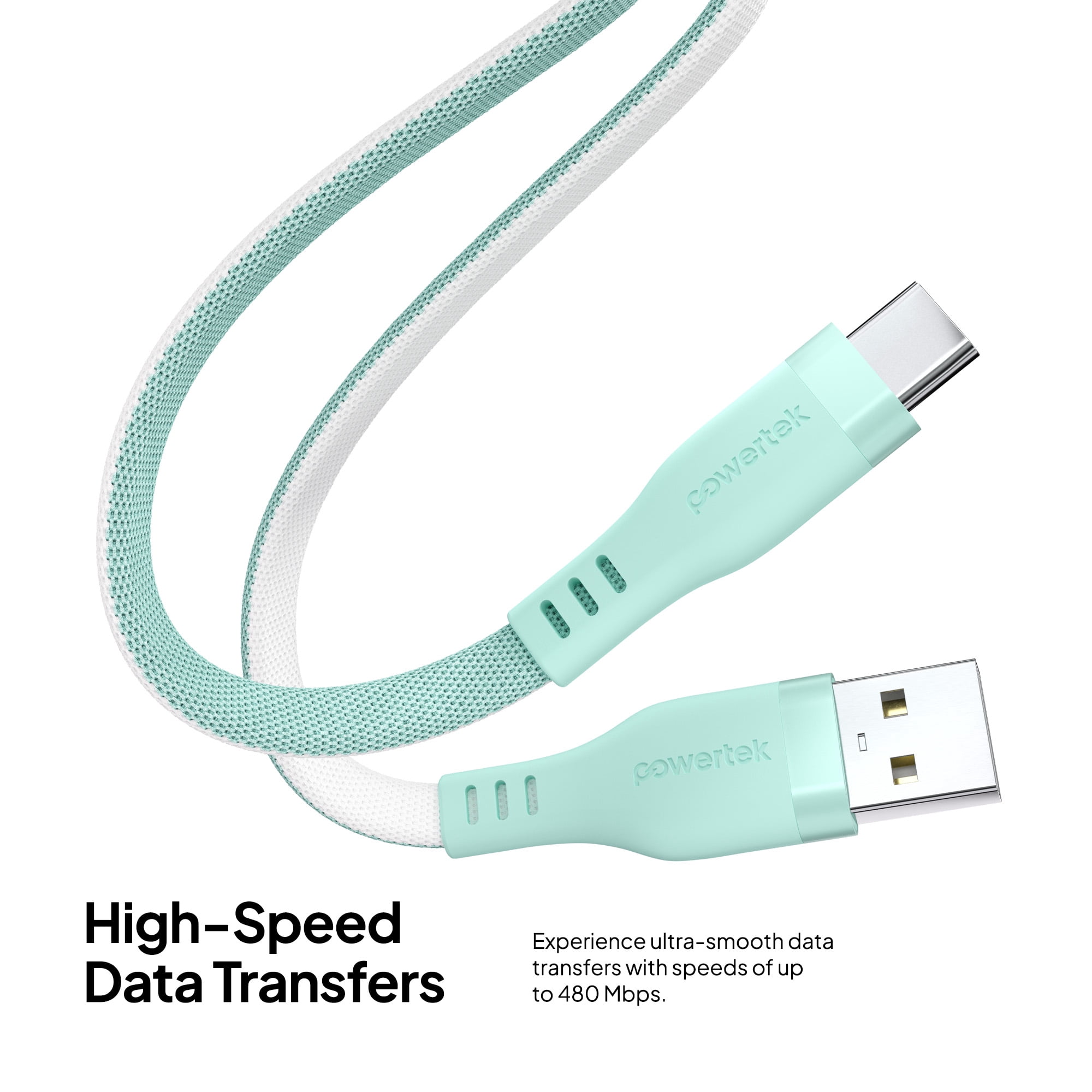 Powertek USB-A to USB-C Two-Tone Pastel Fast Charge Cable, 6 ft, Mint