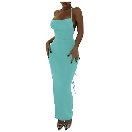

Summer Dresses For Women 2023 Women s Summer Solid Color Fashion Sexy Open Back Lace-up Temperament Long Dress Bra Hanging Neck Dress Clearance Dresses For Women