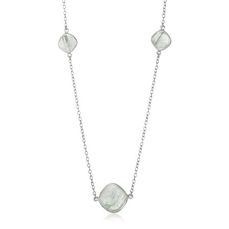 Green Rutilated Quartz Necklace - Sterling Silver Rhodium Plated Green Rutilated Quartz Cushion Station Necklace