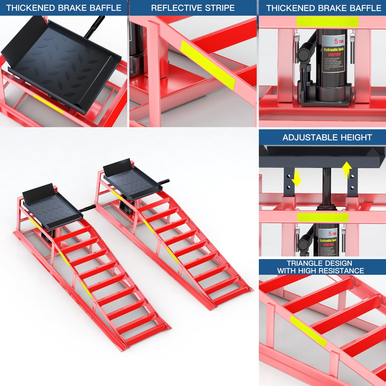 Hydraulic Car Ramps for Oil Change, 5 Ton (11,000 lbs) Heavy Duty Garage Ramps, Adjustable 9.8-15 Inch Lift with Reflective Strips, 2 PCS Red Vehicle Service Ramps