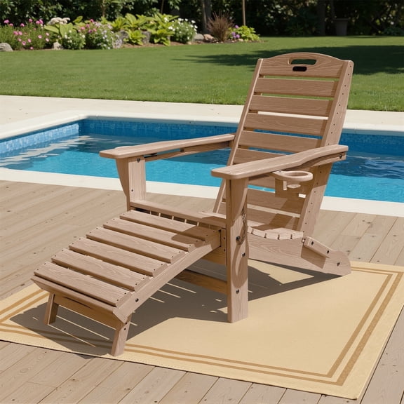 SUUNYN Folding Adirondack Chair with Ottoman, HDPE Outdoor Patio Chair with 2 Cup Holders, Teak