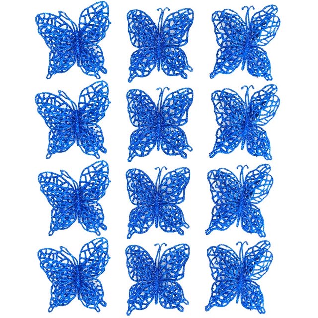 Janrevotw - Adornos navideños con purpurina y mariposas, para manualidades, con clip de mariposa, simulación hueca para árbol de Navidad, 12 piezas, color azul