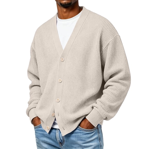 Kukoosong Men's V Neck Knit Cardigan, Fall Casual Loose Fit Outerwear, Long Sleeve Button Front Pocket Coat for Daily Commute