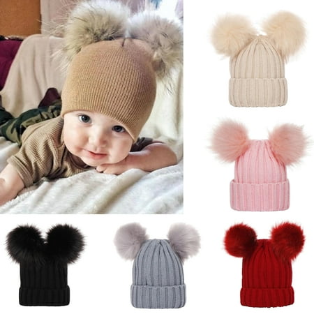 

Zhiyuan Winter Baby Boys Girls Warm Thickened Solid Color Double Pompom Beanie Cap Hat