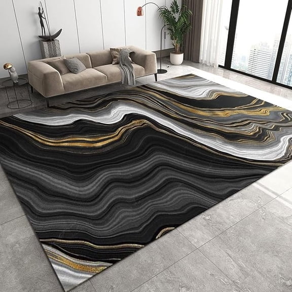 Black Gold Marble Texture Area Rug, Black And White Texture Water Ripple Home Decor Rug, Easy Clean Carpet For Living Room Bedroom Kitchen Dining Room Home Office Floor Rug 1x2ft