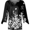 thumbnail image 4 of qILAKOG Womens Summer Tops 2024 3/4 Sleeve Floral Print Blouse Casual Loose Fit Tunic T-Shirts Vintage Graphic Tees Women hree-quarter Sleeve Printing V-Neck T-Shirt Blouse Tops, Black&L, 4 of 5