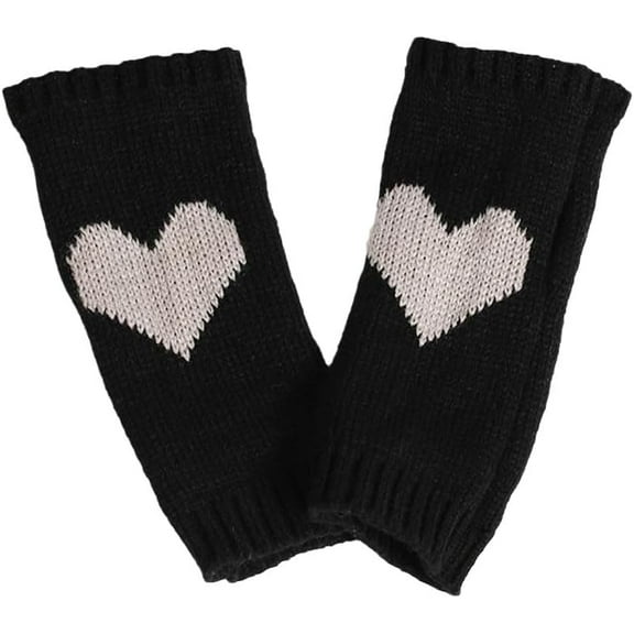 2 Pairs Polyacrylonitrile Fiber Yarn Knitting Fingerless Gloves Two Tone Winter Warm Gloves with Thumb Hole Heart Pattern Black 190x70mm