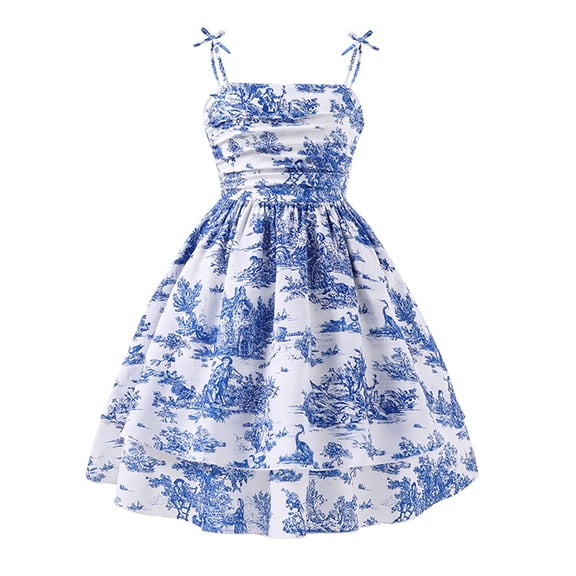 vigerkar Girl's Ruched Short A Line Dresses Sleeveless Shirred Layered Flared Dress (Blue, 10-11 Years)