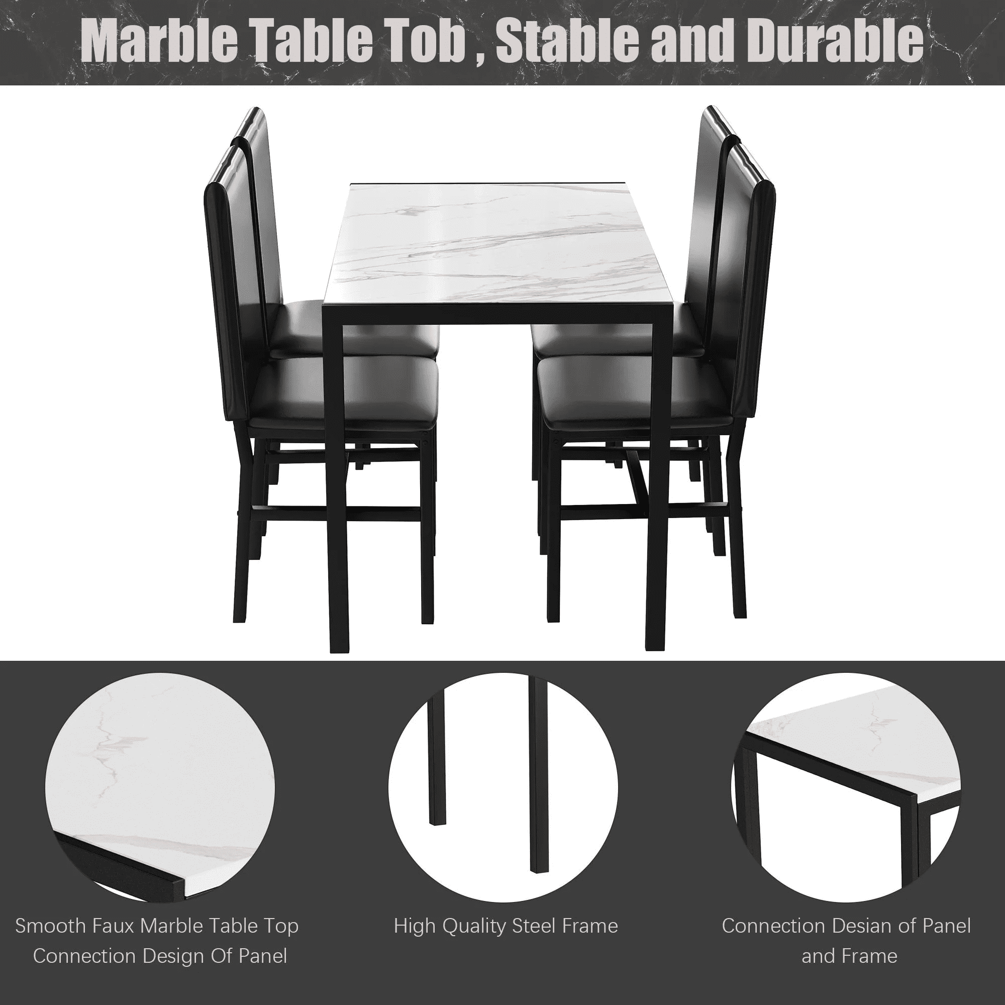 Dining Room Table Set for 4, Kitchen Table Set with 4 Upholstery Chairs, Modern Faux Marble Top Finish Dining Set for Bar, Breakfast Nook, Black