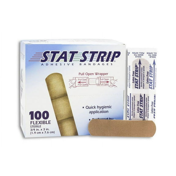 American White Cross Stat Strip Adhesive Bandages, Plastic, 3/4 Inch x 3 Inches, Tan, Sterile, 100 Count