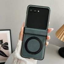 Vintage PU Leather Case for Motorola Razr 2024 / Motorola Razr 60, with Hinge Protection, Rotating Magnetic Ring Kickstand, Slim Drop-Proof Hard PC Phone Cover, Classic Style Protective Case, Green