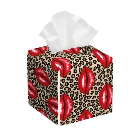 Leather Tissue Box Cover Square - Bright red lips leopard Waterproof Tissue Box Holder Paper Case Organizer Dispenser for Modern Home Office Room Home Bathroom Decor